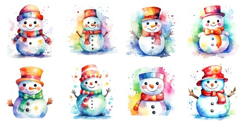 A set of six watercolor snowmen with hats and scarves, watercolor clipart on white background.