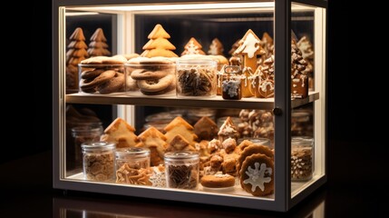  a glass display case filled with lots of different types of cookies and pastries in glass containers on top of a table.  generative ai