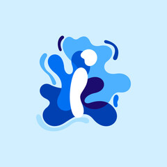 Letter I pure water logo. Swirling overlapping shape with splashing drops.
