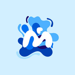 Letter M pure water logo. Swirling overlapping shape with splashing drops.