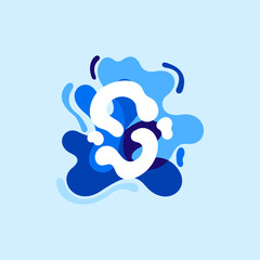 Letter S pure water logo. Swirling overlapping shape with splashing drops.