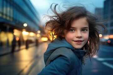 Obraz premium Portrait of happy young european brown haired kid on holiday, banner panorama. Generative Ai.