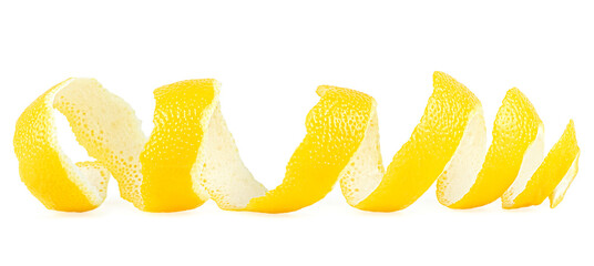 Fresh peel of lemon fruit isolated on a white background. Citrus zest.