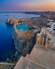 Panoramic view of St. Paul bay and acropolis of Lindos, Rhodes island, Greece