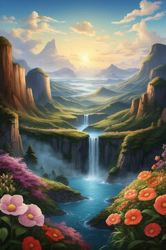 ilustraci&oacute;n de un valle lleno de monta&ntilde;as y vegetaci&oacute;n