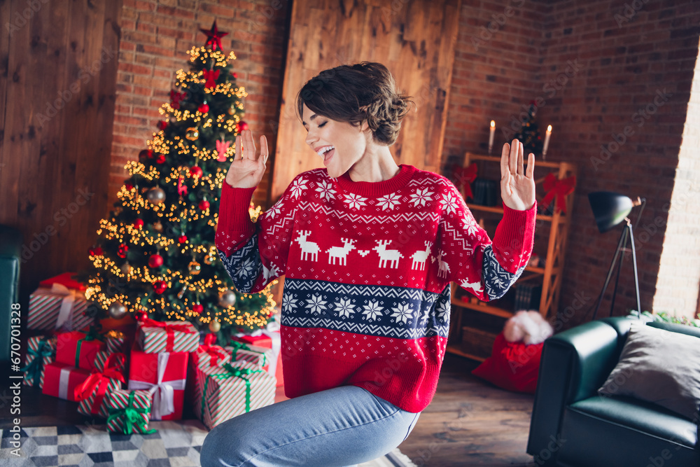 Sticker Photo of dancing brown hair lady fun rhythm discotheque midnight party merry christmas isolated on decorated house xmas tree background