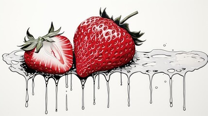  a drawing of two strawberries sitting on top of a puddle of liquid on a white surface with a white background.  generative ai