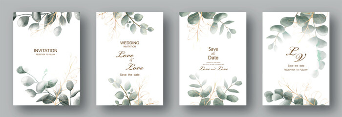 Wedding invitation with leaves eucalyptus, watercolor, isolated on white. Vector Watercolor. - 670701335