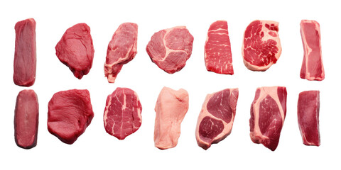 Set of different raw steaks, top view, isolated