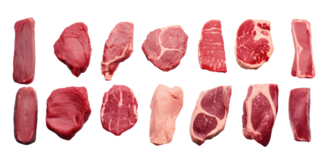 Set of different raw steaks, top view, isolated