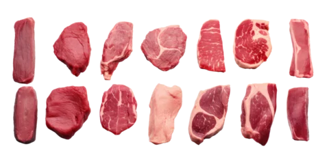 Fotobehang Set of different raw steaks, top view, isolated © Teppi