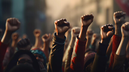raising hands for protest - obrazy, fototapety, plakaty