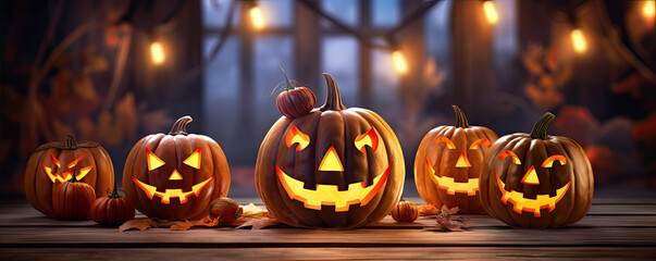 pumpkins faces on wooden table in darkness at Halloween time. banner