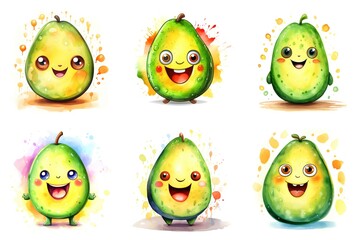 A group of cartoon avocados with different expressions, watercolor clipart on white background.