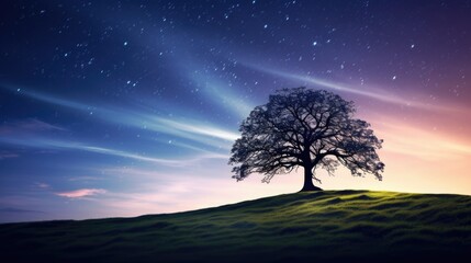  a lone tree sitting on top of a hill under a night sky filled with stars and a star filled sky.  generative ai - obrazy, fototapety, plakaty