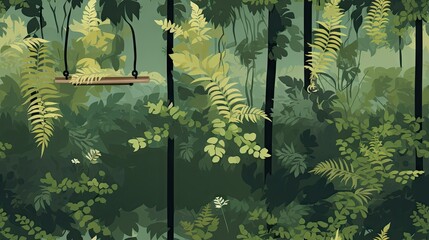  a painting of a forest filled with lots of green plants and a bird feeder hanging from the ceiling of the room.  generative ai