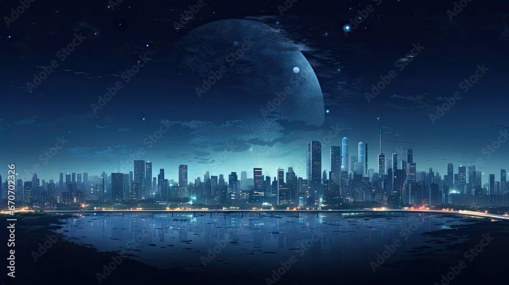 Wall mural  a view of a city at night with a moon in the sky and a large body of water in the foreground.  generative ai