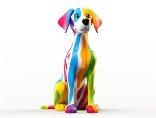 A colorful dog statue sitting on a white surface