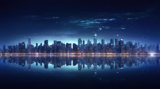  a picture of a city at night with a reflection of the city lights on the water and the sky reflected in the water.  generative ai