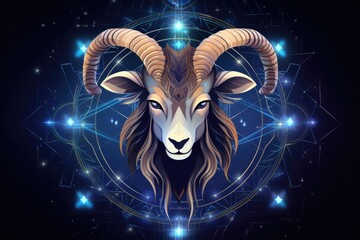 Zodiac sign of capricorn head with magic light in star wheel , horoscope. Generative Ai. - obrazy, fototapety, plakaty
