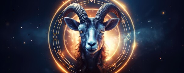 Zodiac sign of capricorn head with light in star wheel , horoscope panorama. Generative Ai. - obrazy, fototapety, plakaty