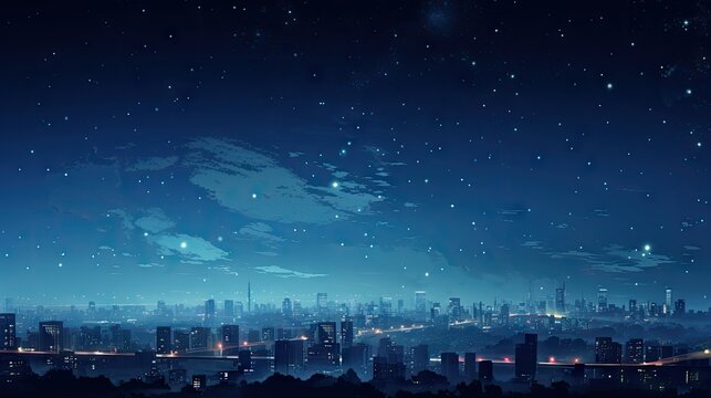  a view of a city at night with the stars in the sky and the city lights in the foreground.  generative ai
