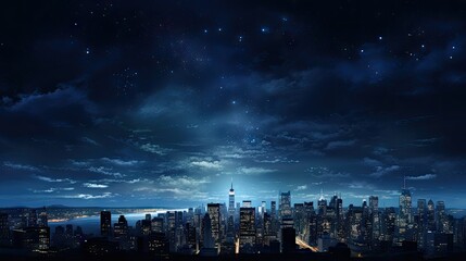  a view of a city at night from the top of a hill with stars in the sky and a full moon in the sky.  generative ai