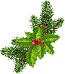 round wreath of green holly leaves with red berries and tinsel. New Year Christmas. On transparent, png. Illustration.