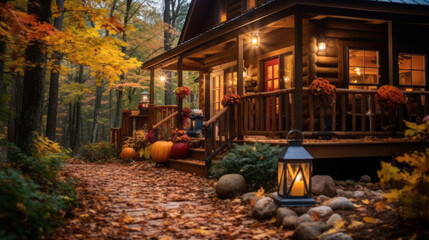 Cabin nestled in the woods, surrounded by the vibrant colors of autumn, offering a tranquil retreat