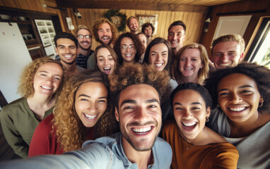 Group of cheerful happy young friends taking selfie portrait looking at the camera smiling