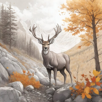 Deer In The Woods Art Print, deer in autumn forest