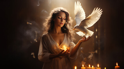 Woman holding white bird and holding ethereal energy in meditation for world peace.