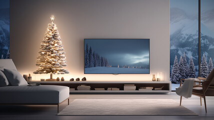 Christmas in Modern house interior inspired by minimalism. TV and Christmas Tree.