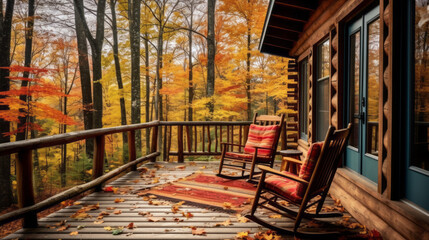 Fototapeta na wymiar Cabin nestled in the woods, surrounded by the vibrant colors of autumn, offering a tranquil retreat
