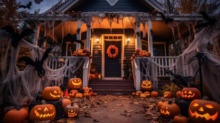 Spooky Halloween decorations adorning a porch, creating an eerie ambiance for a night of frightful fun