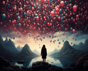 Field of floating balloons releasing memories. Surreal, dreamlike art style - obrazy, fototapety, plakaty