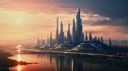 Fototapeta na wymiar fantasy illustration of a futuristic metropolis