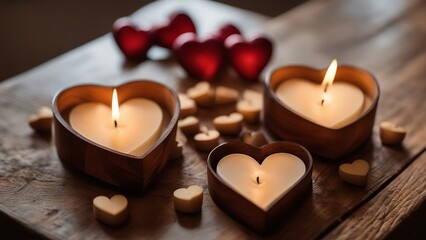 heart-shaped candles _A wooden table with sunlight and candle hearts.  