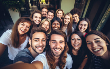 Obraz premium Group of cheerful happy young friends taking selfie portrait looking at the camera smiling