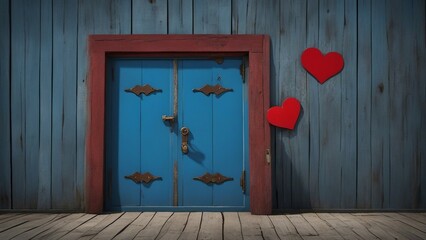 blue door with heart A blank wood door with a red heart and blue door.  