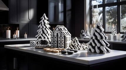  a kitchen counter topped with a white counter top covered in black and white decorated christmas trees and a gingerbread house.  generative ai