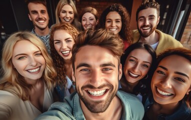 Fototapeta premium Group of cheerful happy young friends taking selfie portrait looking at the camera smiling