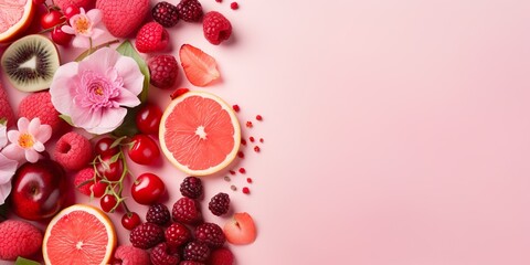 Red raspberries, strawberries, colorful pattern on pink background. Closeup of fresh berries,...