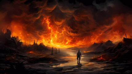 a person walking on a dirt road with a lot of fire and smoke behind them and a lot of smoke and smoke