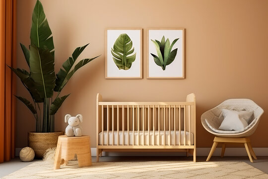 Baby's room with crib, chair, and two paintings.