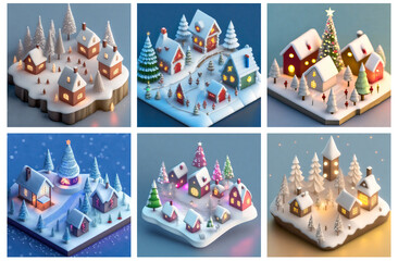 A set of AI generated isometric Christmas villages in a winter wonderland. Concept of Xmas, winter season and holiday. 
