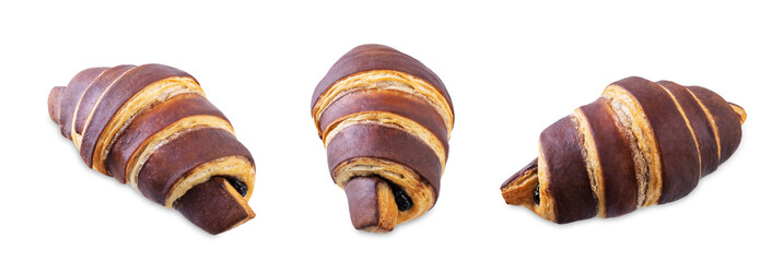 Croissants with chocolate crust and chocolate filling on a white isolated background