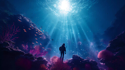 a scuba diver in a deep blue sea with a light shining through the water's corals and corals - obrazy, fototapety, plakaty
