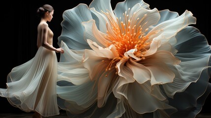  a woman in a dress standing next to a large flower in a dark room with a black wall behind her.  generative ai