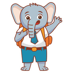 Cartoon elephant going to school.A joyful cute elephant jumping cub in a school uniform with bag .Kid kawaii tropical animal go to school.Animalistic childish character.Cute animal student.